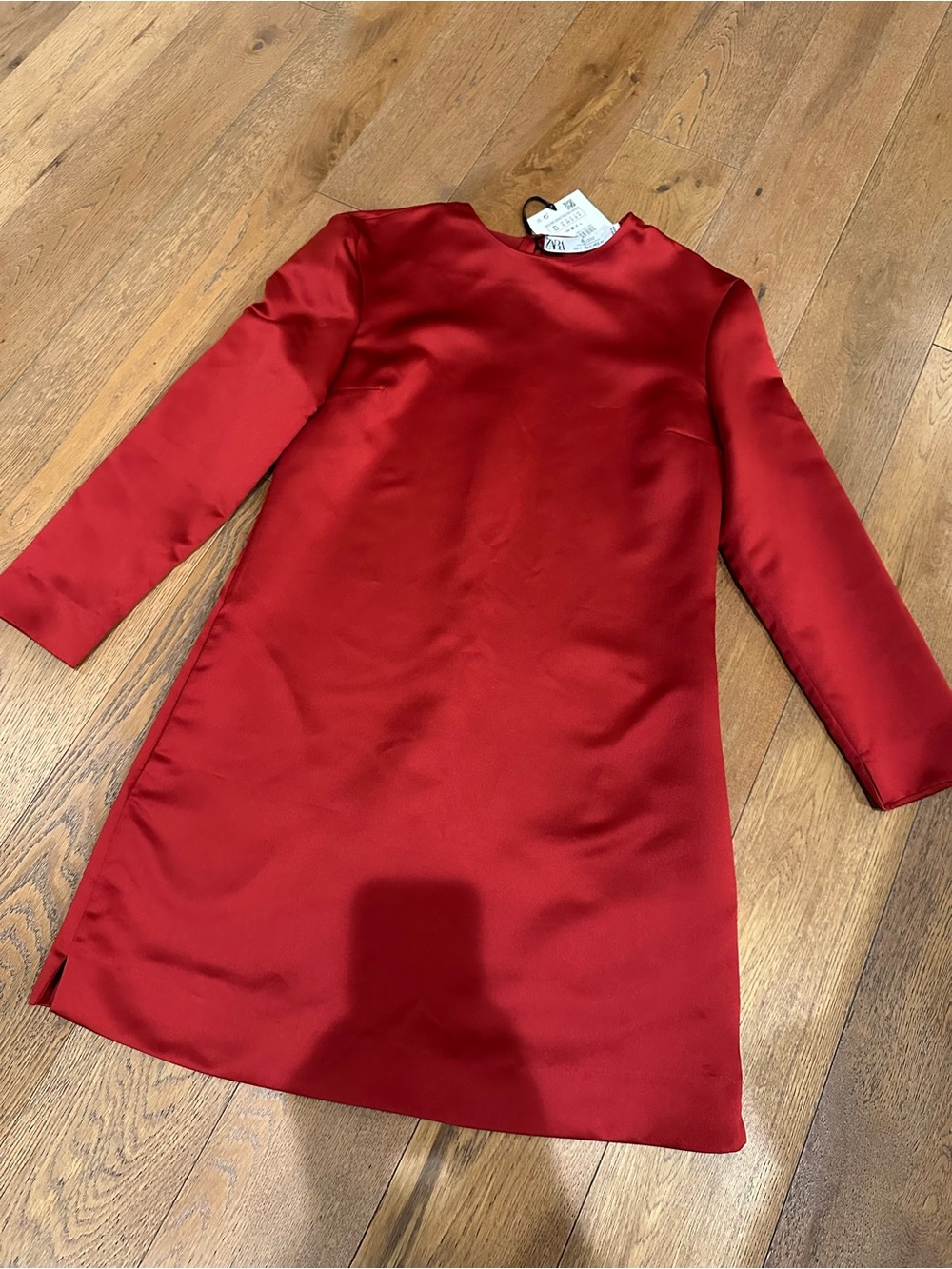 Zara Red Satin Crewneck Shift Dress NWT